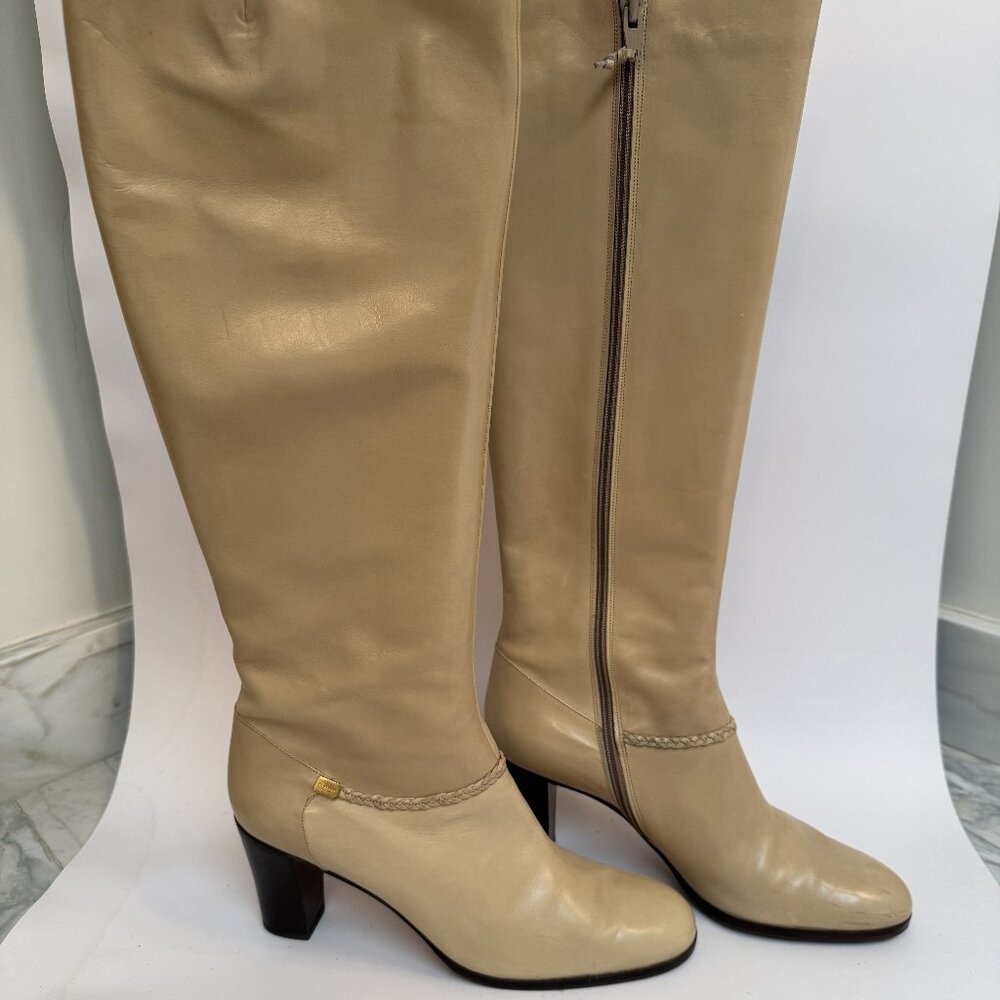 Salvatore Ferragamo Beige Leather Zip Knee Boots, Size 9 1/2